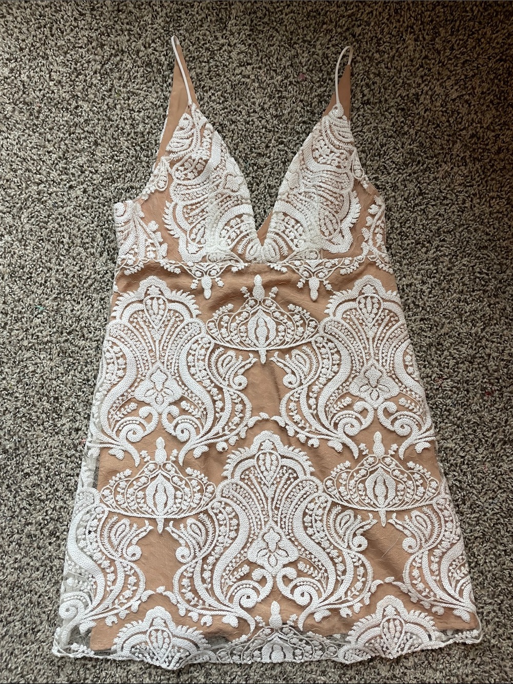 Free People Nude Mini Dress with White Lace Overlay NWOT